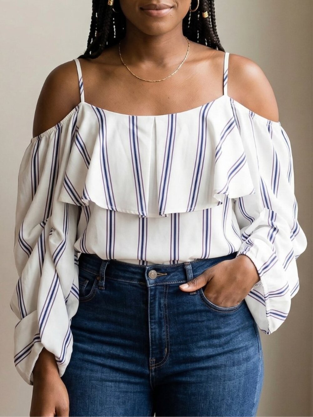 Ups & Downs Open Shoulder Stripe Blouse SZ L